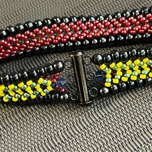 Loom Beaded 2 Sided Bracelet - Black & Pinkish/Red - Black, Yellow & Green